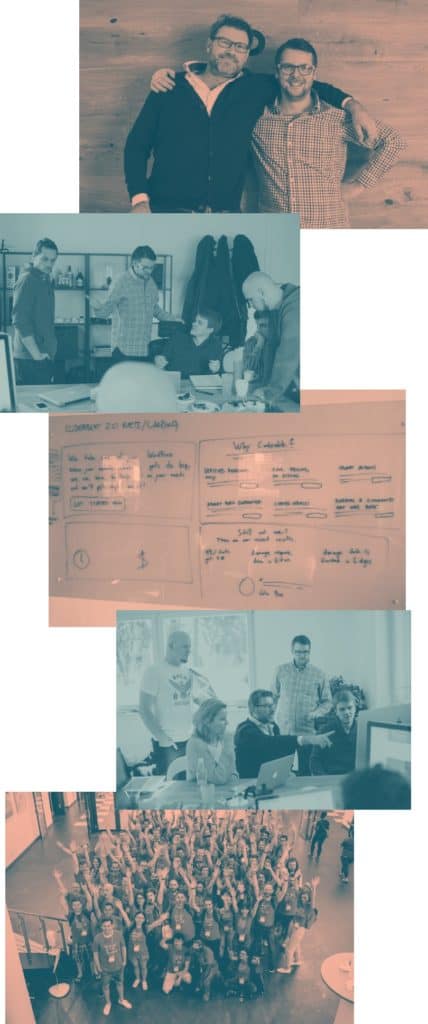 a group of photos showing Codeable founders, people working on whiteboards and finally the current codeable team