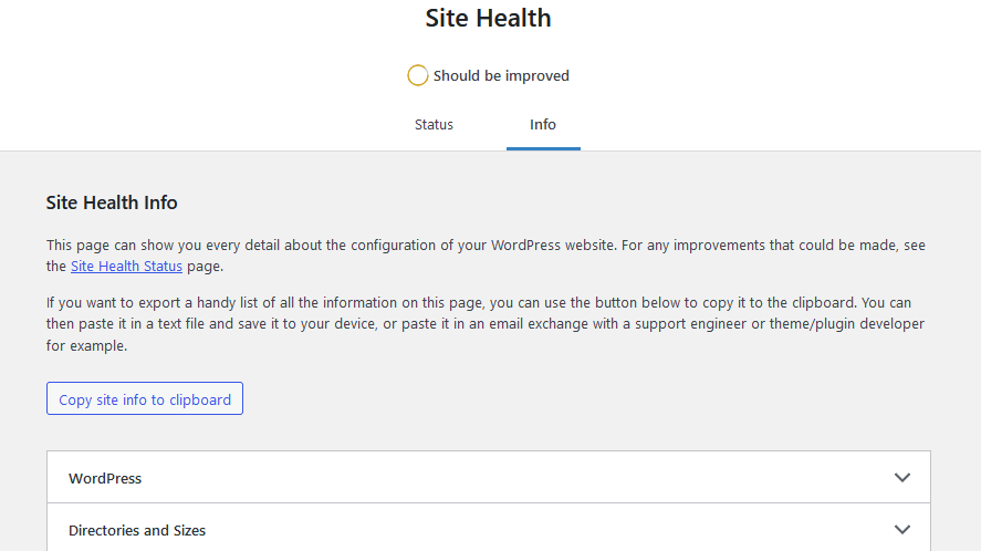 The WordPress Site Health Info tab